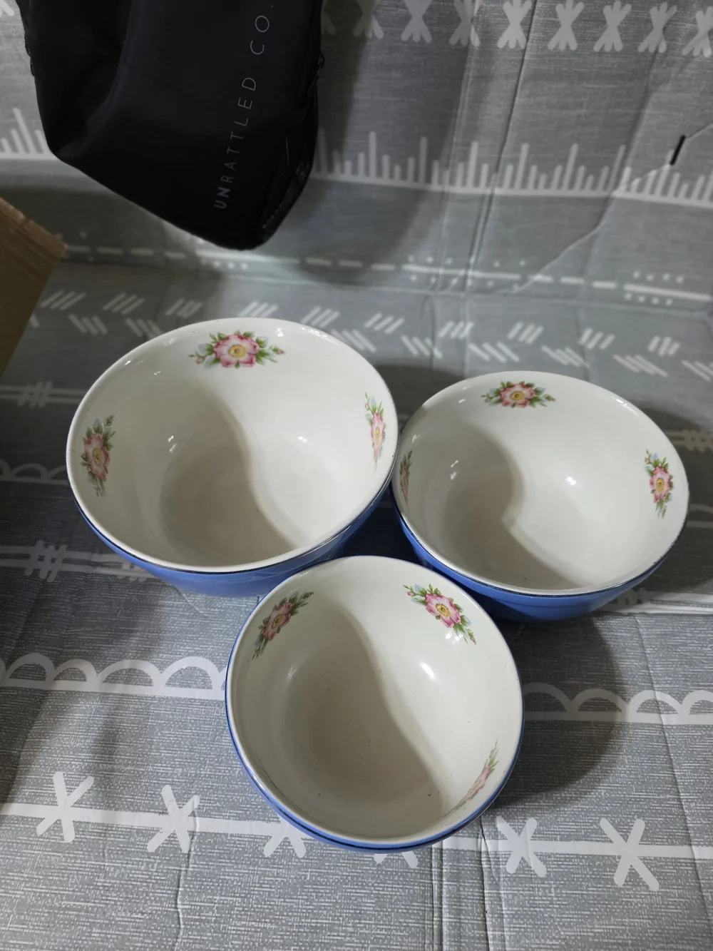 Vintage Hall Set of 3 Floral Blue Rim Ceramic Bowls